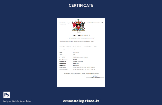 modello Word e PDF del certificato di morte di Trinidad e Tobago in stile verifi